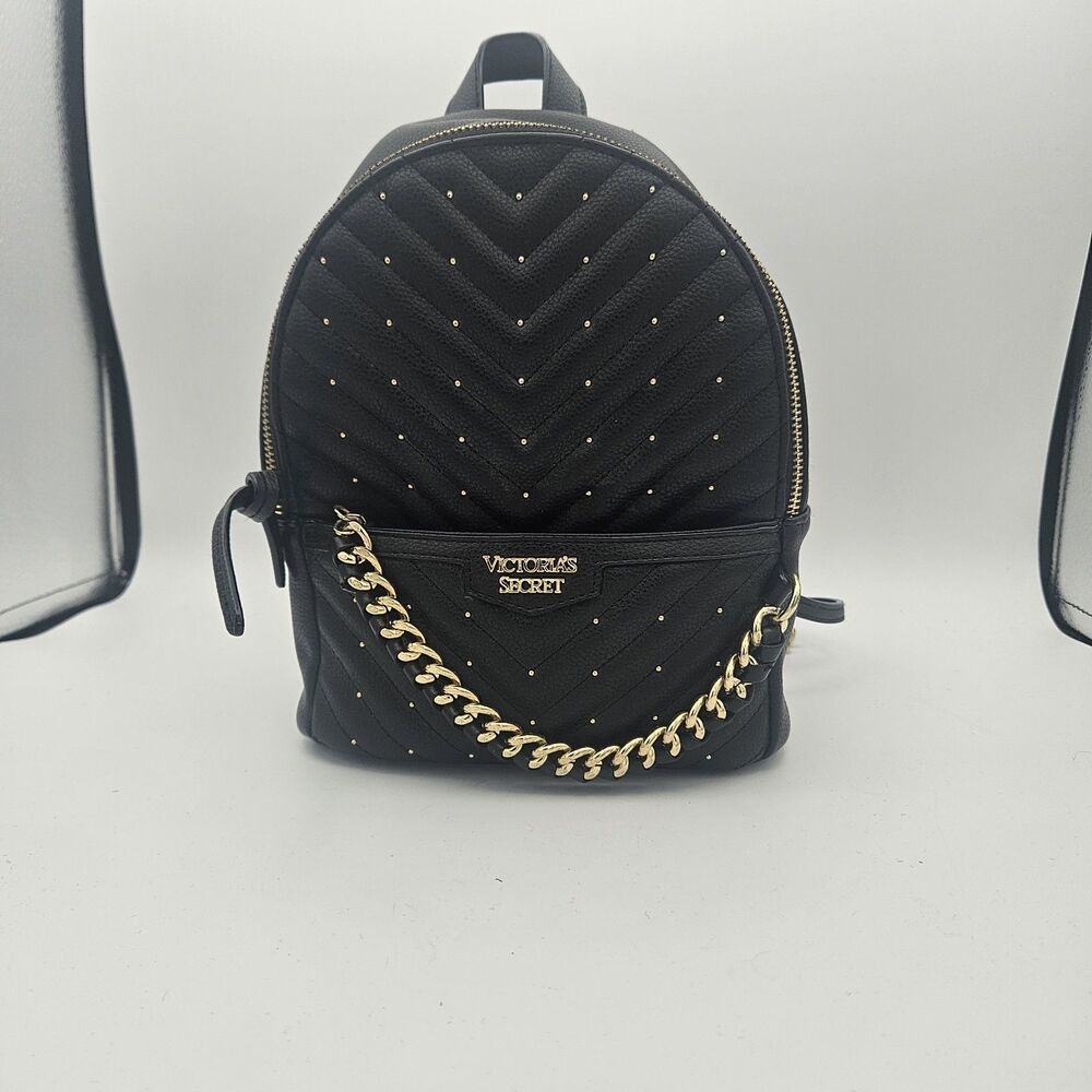 Victoria's Secret V Quilt Mini Backpack Black Gold Chain Studded Bag - Picture 1 of 12